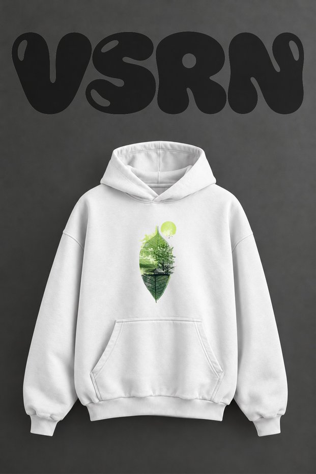 Leaf Landscape Design Pre-Printed Oversize White Hooded Sweatshirt