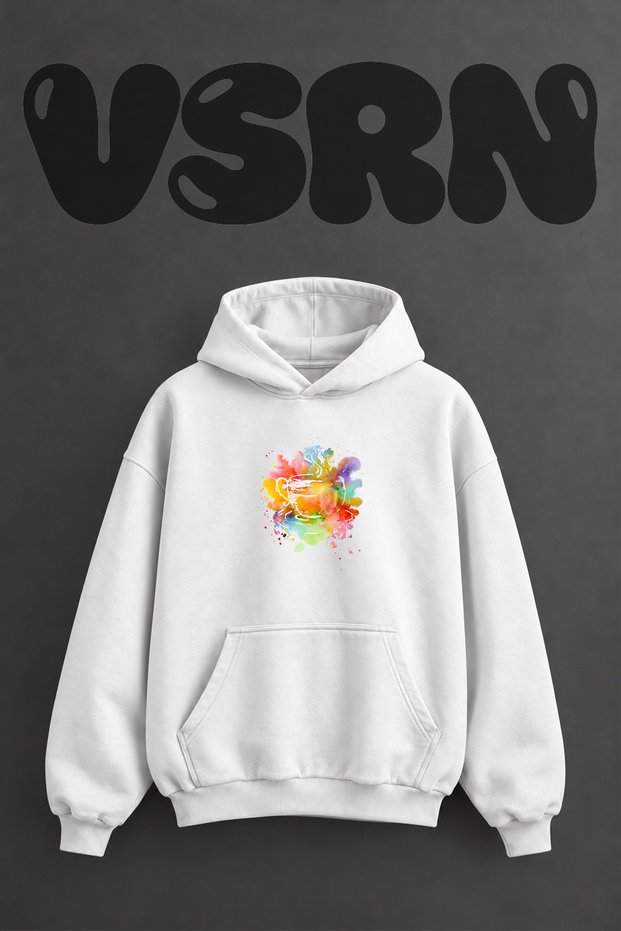Watercolor Coffee Design Pre-Printed Oversize White Hooded Sweatshirt
