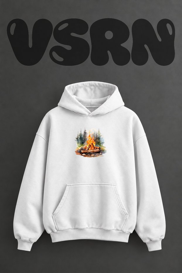 Forest Watercolor Campfire Design Pre-Printed Oversize White Hooded Sweatshirt