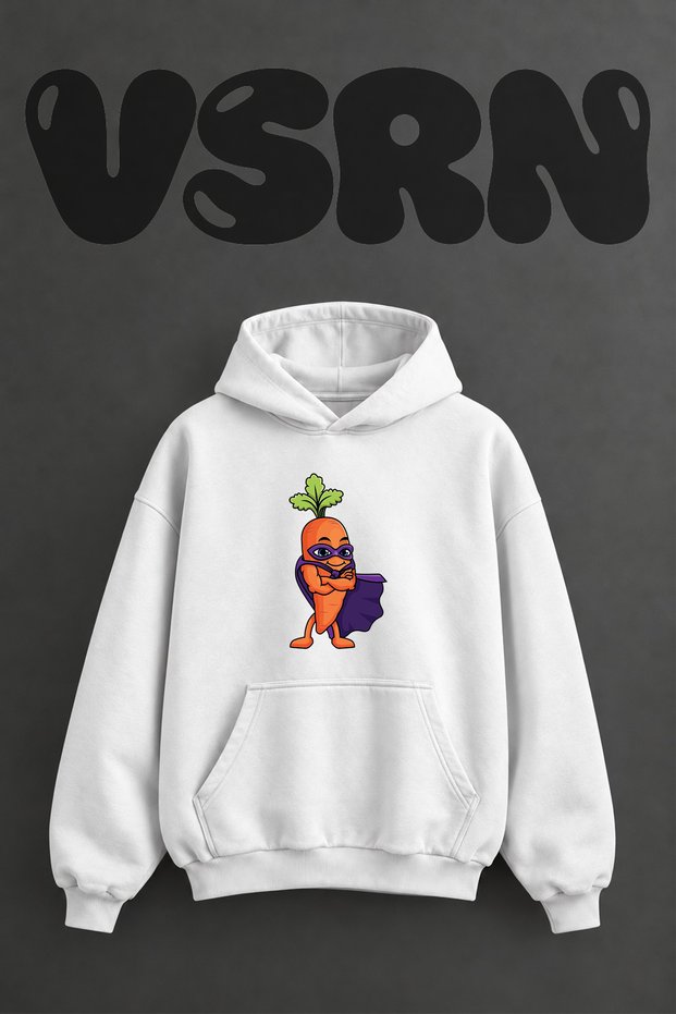 Carrot Superhero Design Pre-Printed Oversize White Hooded Sweatshirt