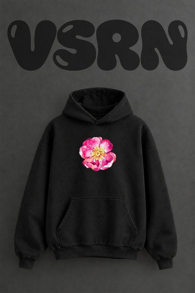 Watercolor Flower Design Pre-Printed Oversize Black Hooded Sweatshirt