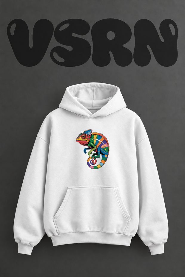 Colorful Chameleon Design Pre-Printed Oversize White Hooded Sweatshirt