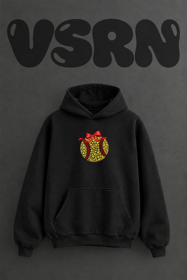 Baseball Flower Design Pre-Printed Oversize Black Hooded Sweatshirt