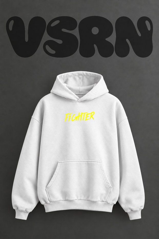Brush Fighter Design Pre-Printed Oversize White Hooded Sweatshirt