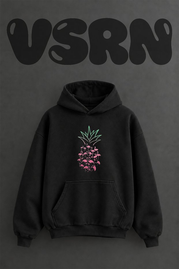 Pineapple Flamingo Design Pre-Printed Oversize Black Hooded Sweatshirt