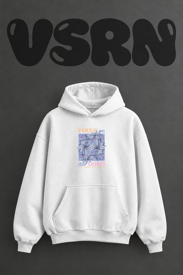 Leaf Pattern Design Pre-Printed Oversize White Hooded Sweatshirt