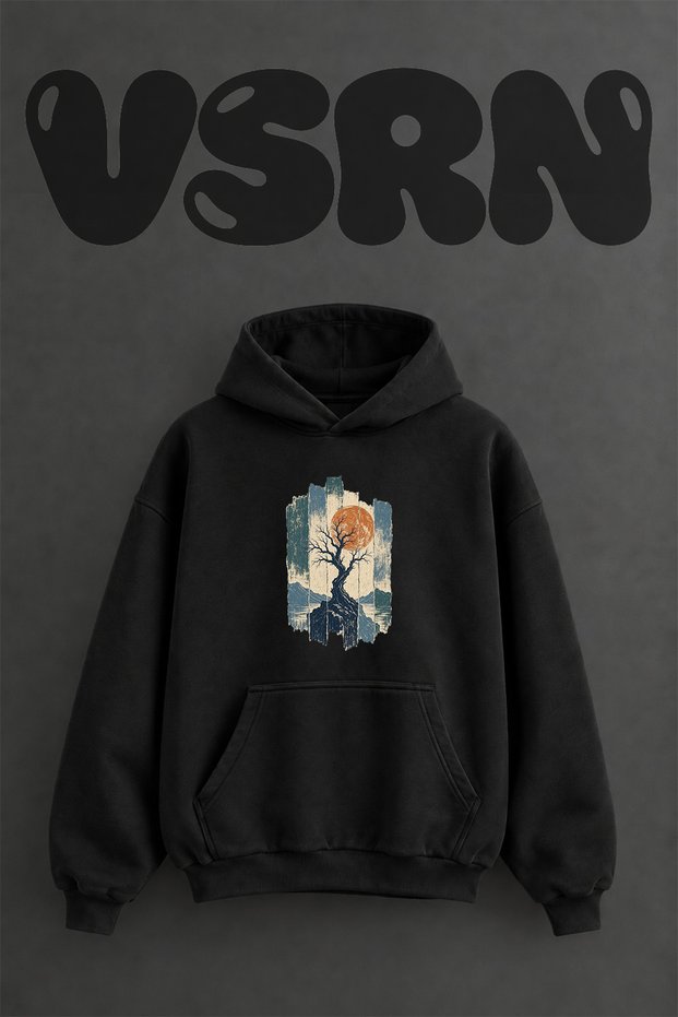 Japanese Agac Moon Design Pre-Printed Oversize Black Hooded Sweatshirt