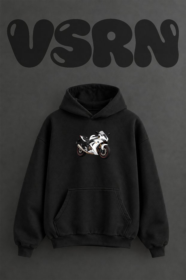 Sportbike Design Front Printed Oversize Black Hooded Sweatshirt