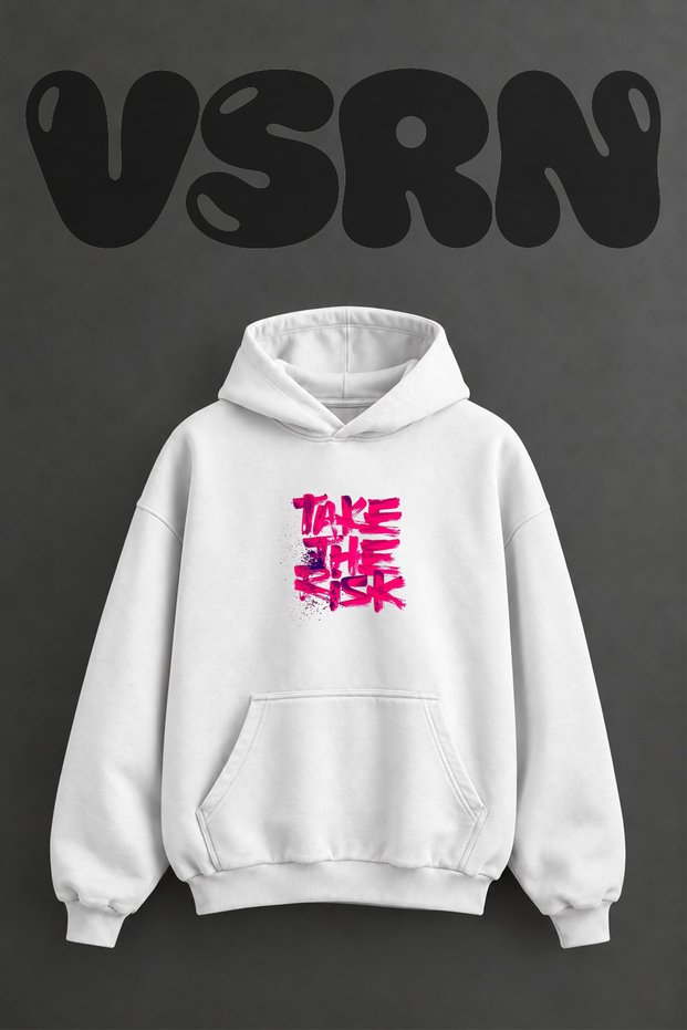 Take the Risk Design Pre-Printed Oversize White Hooded Sweatshirt