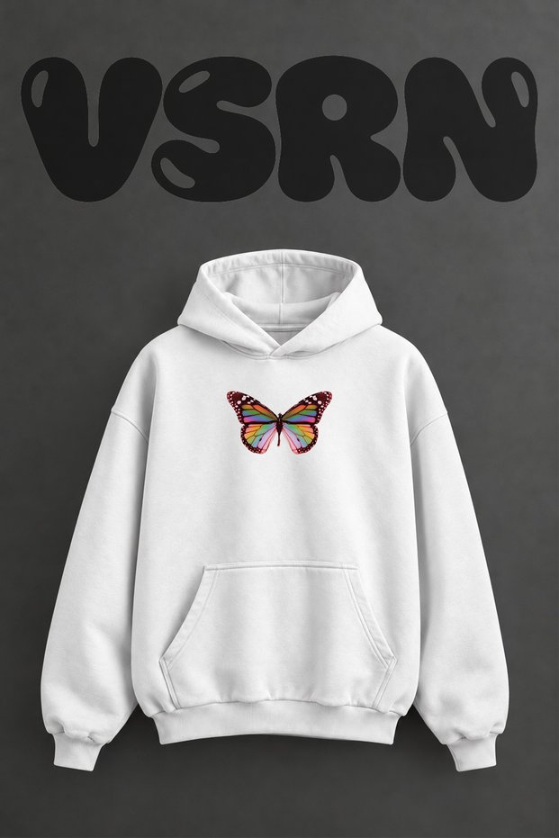 Rainbow Butterfly Design Pre-Printed Oversize White Hooded Sweatshirt