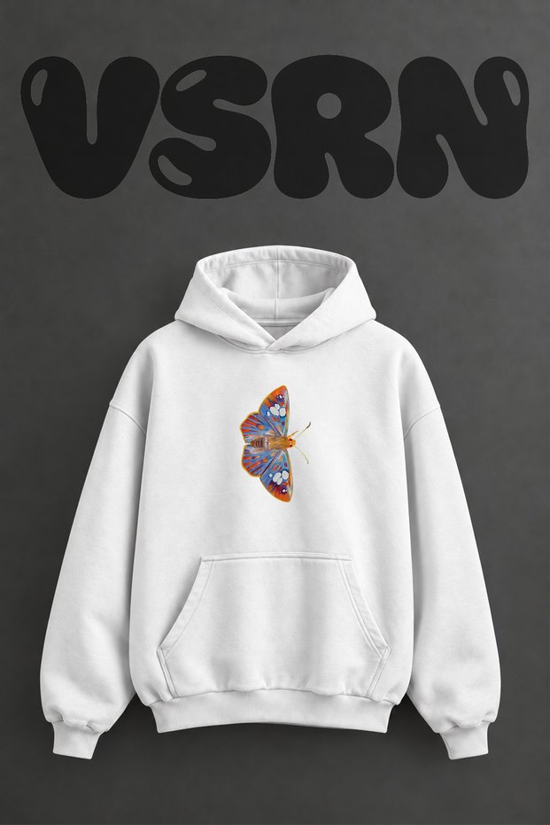 Butterfly Design Pre-Printed Oversize White Hooded Sweatshirt