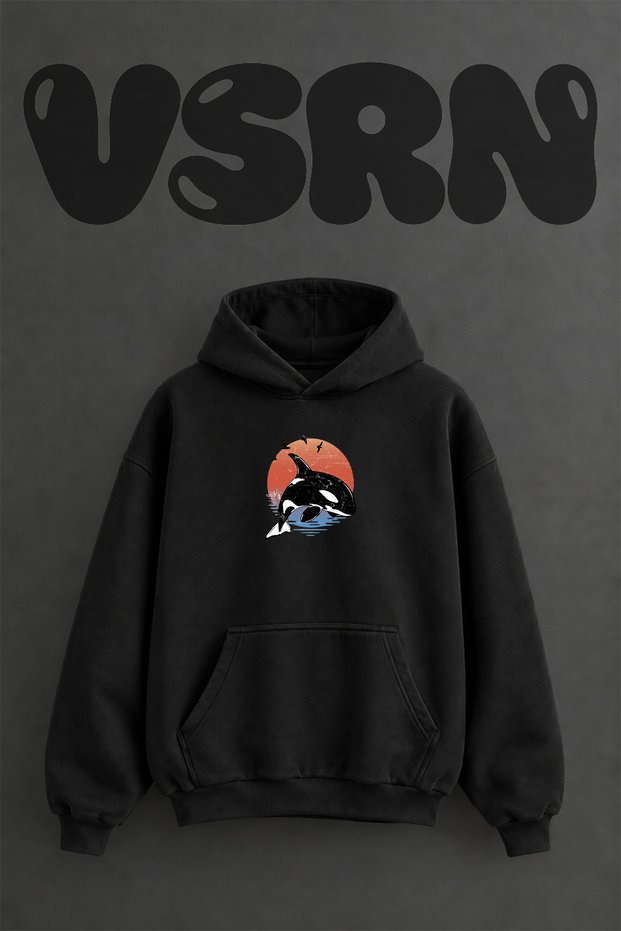 Orca Sunset Design Pre-Printed Oversize Black Hooded Sweatshirt