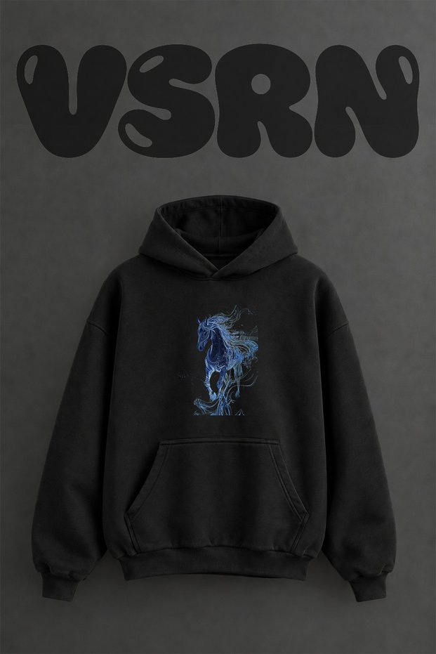Blue Flowing Horse Design Pre-Printed Oversize Black Hooded Sweatshirt