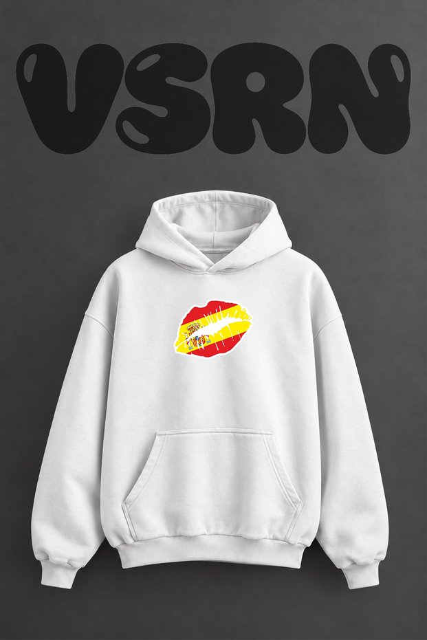 Spain Lips Design Pre-Printed Oversize White Hooded Sweatshirt