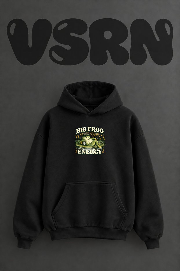 Big Frog Energy Design Pre-Printed Oversize Black Hooded Sweatshirt