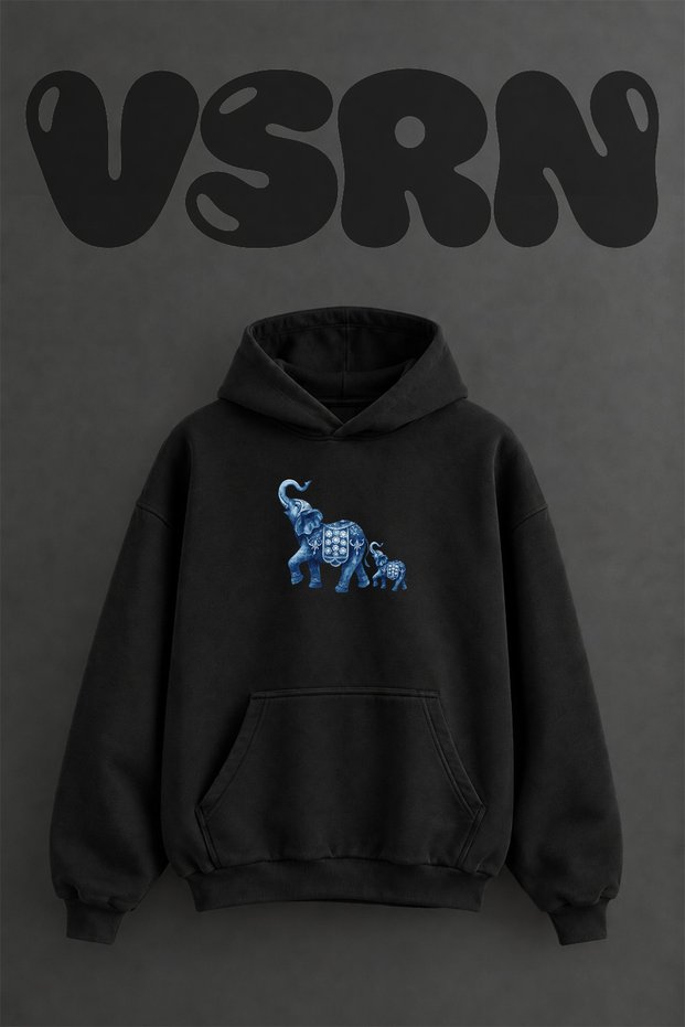 Blue Indian Elephant Design Pre-Printed Oversize Black Hooded Sweatshirt