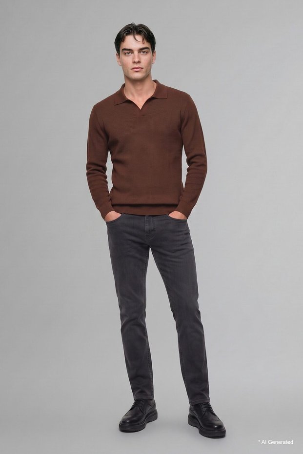Standard Fit Buttonless Polo Collar Knitwear Basic Sweater H8971Ax26Au