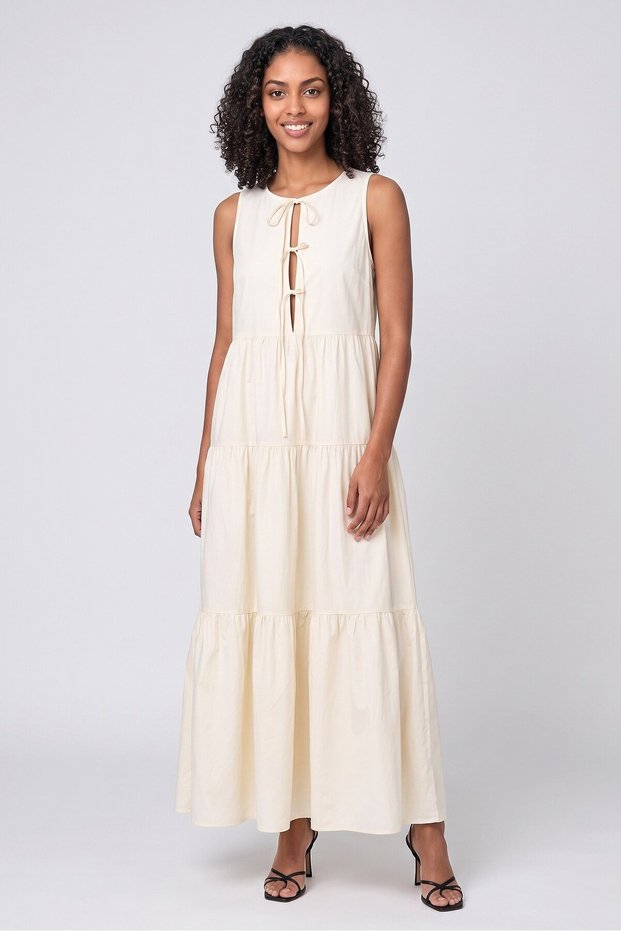 Women Plain Maxi Dress, Cream