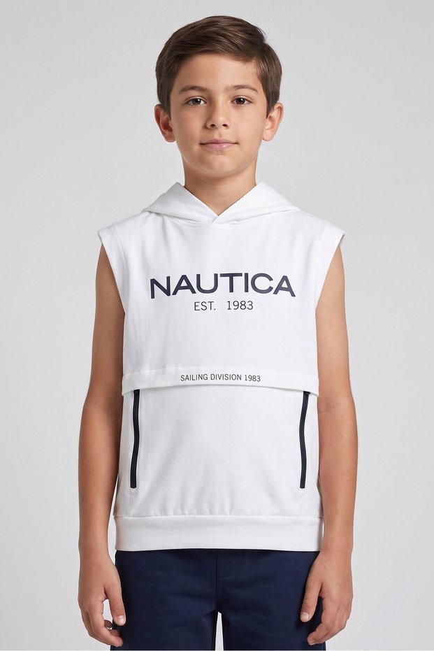 Kids Boy Graphic Print Sleeveless Hoodie, White