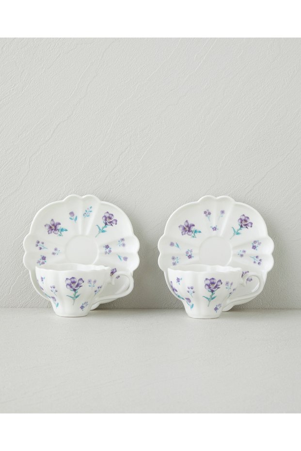 Floral Morning Porcelain 4 Piece Coffee Cup Set for 2 People 90 ml Purple
