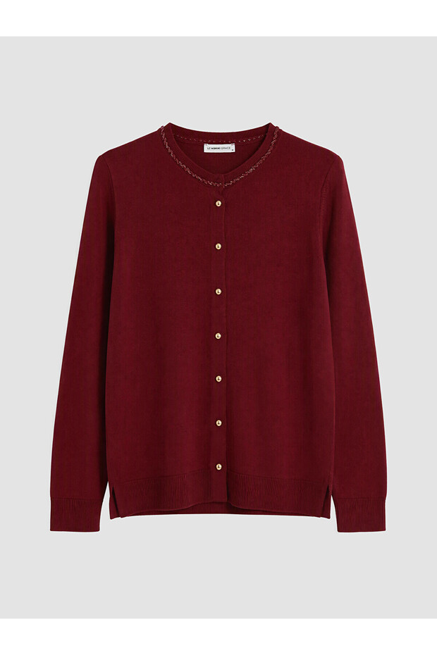 Peak New Season Burgundy Crew Neck Embroidered Women's Knit Cardigan