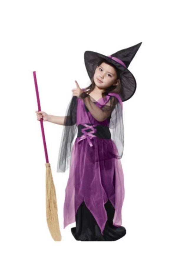 Girls Witch Costume, Witch Dress Colour Dress with Witch Hat and Broom Handle