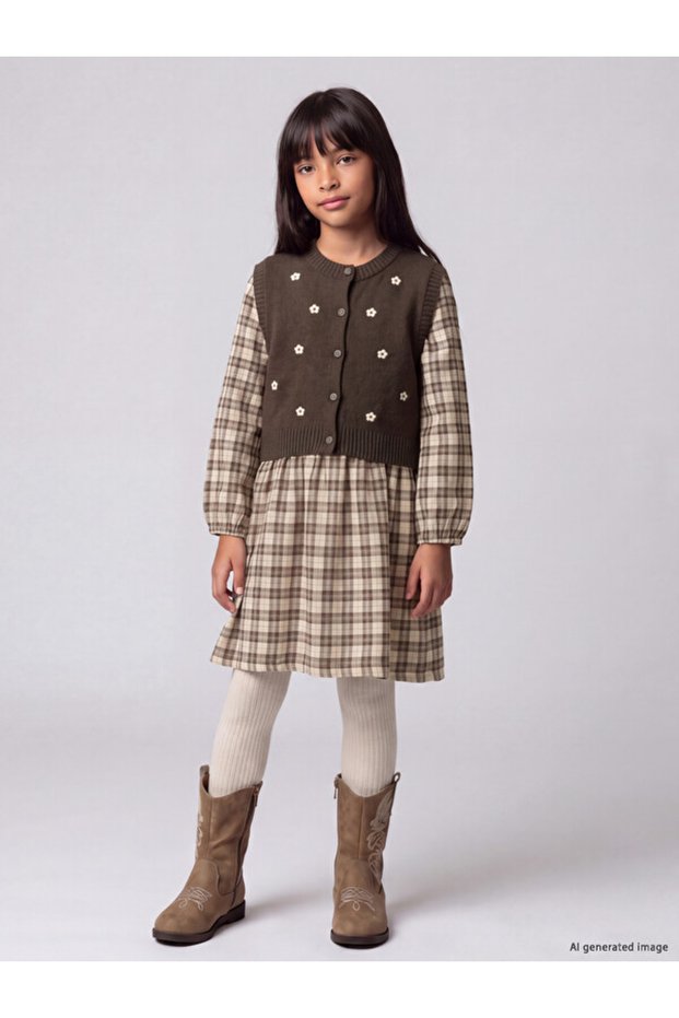 Rmz Gi̇yi̇m Farkiyla Girl's Checkered Embroidered Dress and Vest Set