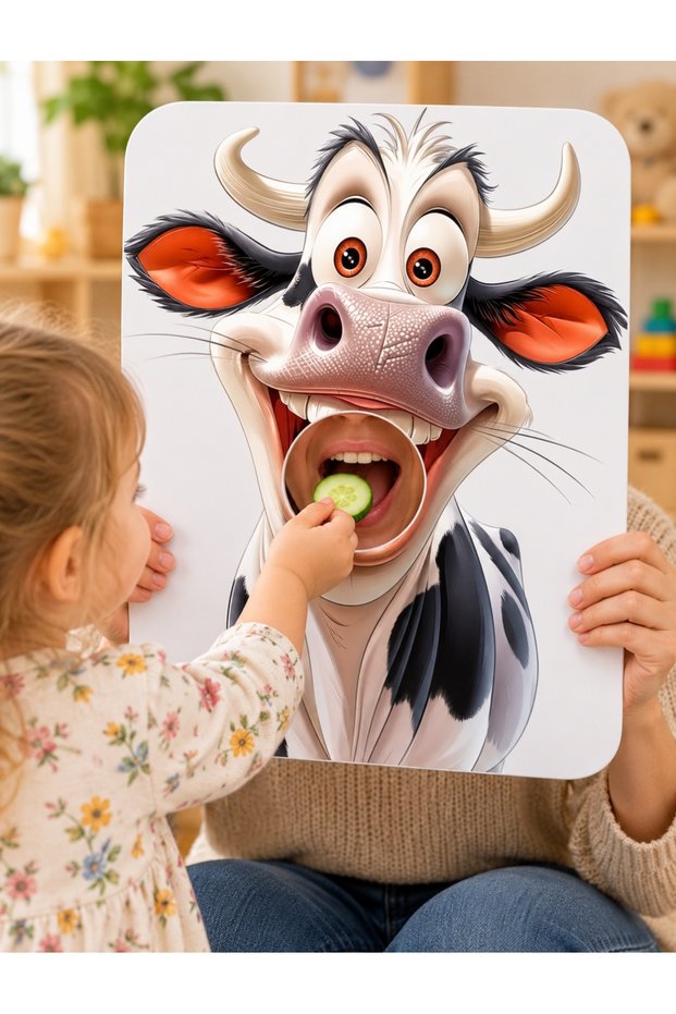 Confused Cow Feeding Mask 30 × 40 cm Fun Children's Game with Round Mouth Cutout