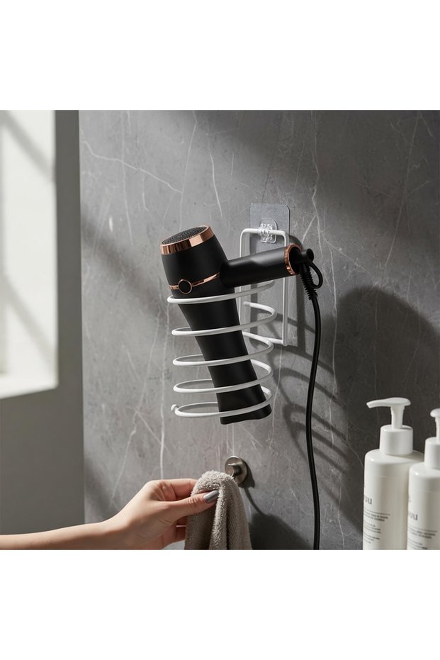 Self-Adhesive White Hair Dryer Holder and Hanger - No Drilling Blow Dryer Stand Organizer