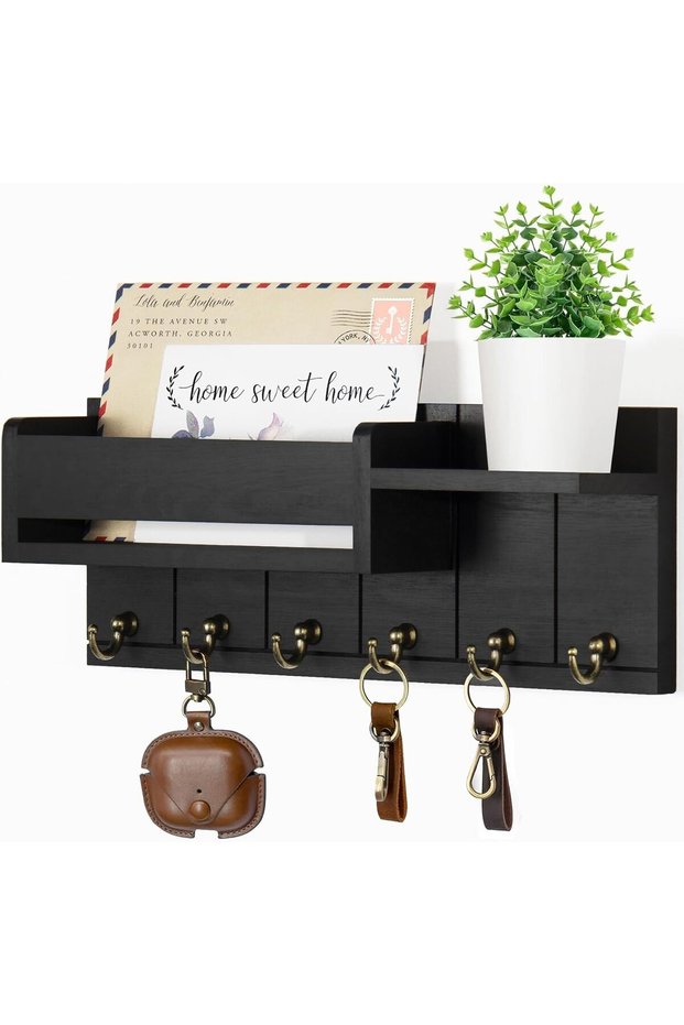Wall Mounted Wooden Key Holder and Organizer,Entryway Decorative Rack with 6 Hooks