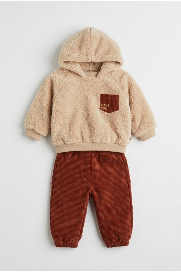 Baby Boy Plush Hooded Sweatshirt with Pockets and Ribbed Jogger Pants Set
