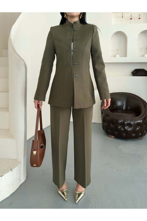 Stand-Up Collar Button-Detail Jacket and Pants Set