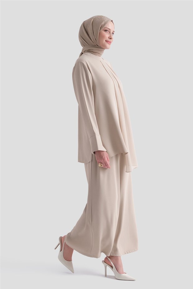Stylish Suit with Scarf Detail Beige