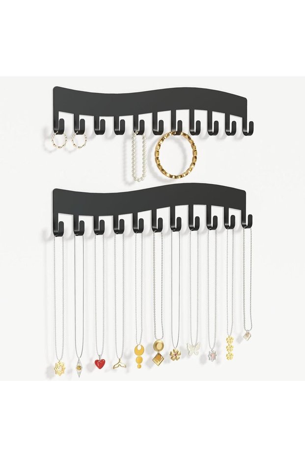 Yelajoy 2-Pack Wall Mounted Jewelry Racks,22 Hooks Metal Necklace Organizer and Display Hanger,Black