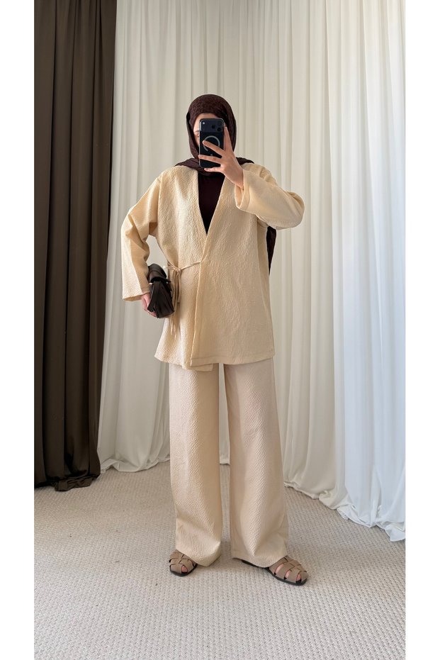 Waffle Tie-Dye Kimono Set - Hpm -Beige