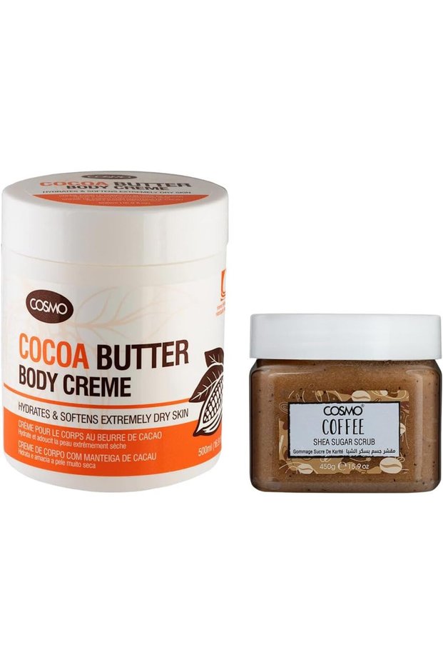 Cosmo Bath & Body Set Cocoa Butter Body Cream 500ml & Coffee Shea Sugar Scrub 450g Combo | Hydrate | Moisturizer | Brighten | Fast Absorb | Non Greasy | Deep Exfoliate Scrubber | For Men & Women