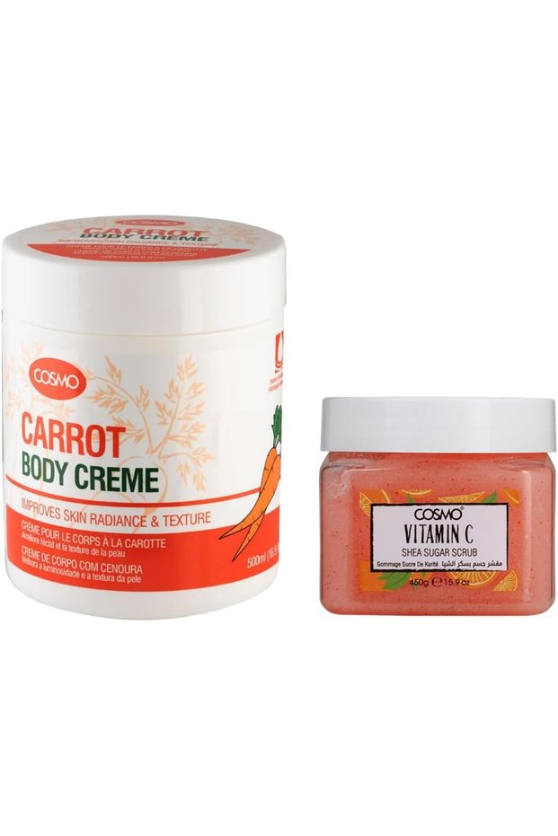 Cosmo Bath & Body Set Carrot Body Cream 500ml & Vitamin C Shea Sugar Scrub 450g Combo | Hydrate | Moisturizer | Brightening | Fast Absorbing | Non Greasy | Deep Exfoliate Scrubber | For Men & Women