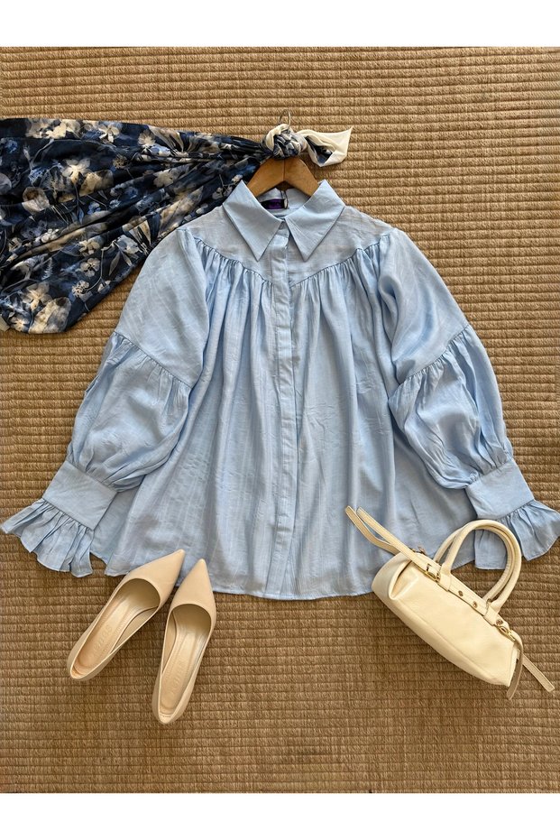 Shirt with Ruffled Sleeves - 526 - Baby Blue