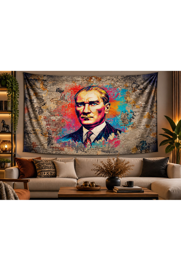 Ataturk Portrait Graffiti Design Wall Covering – Colorful Modern Artistic Decorative Fabric Wall Tapestry