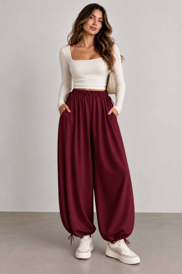Women's Casual Shalwar Trousers with Elastic Waist and Laces