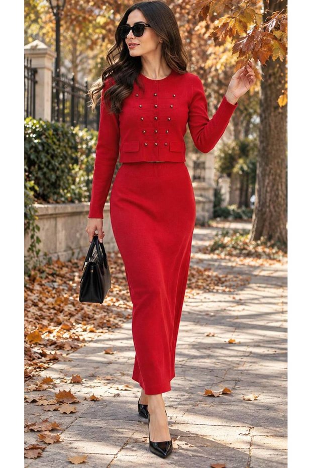 Button Detailed 100% Acrylic Knitwear Skirt Set