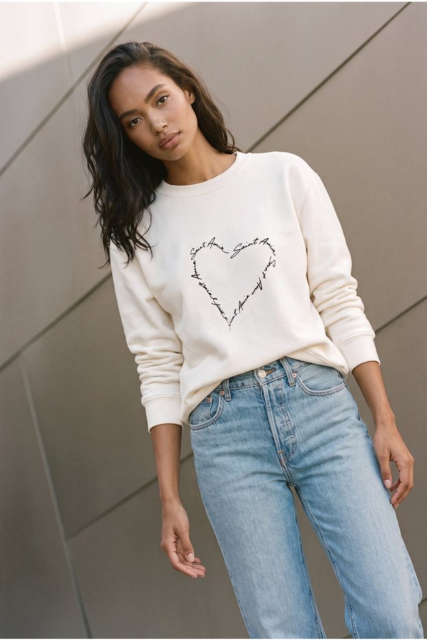 Women's Ecru Heart Printed Crew Neck Oversize Sweatshirt