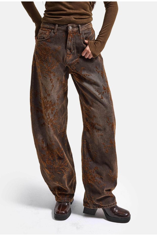 Women's Ballon Barrel Special Flock Fabric Design Denim Jean