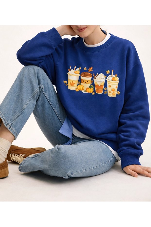 Coffee Themed Three-Thread Sweatshirt - Saks Blue