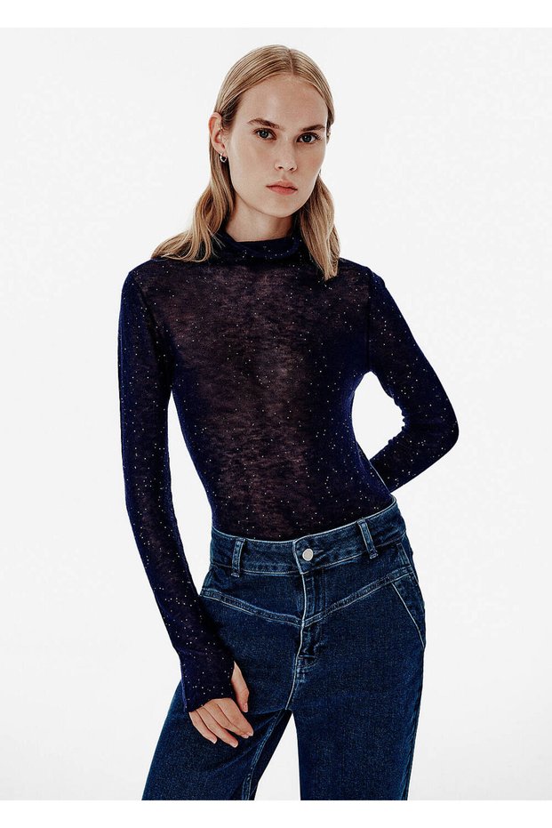 Fine Textured Micro Sequin Navy Blue Knitwear Top