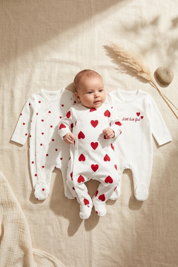 Baby Girl 100% Cotton 3-Piece Heart Patterned Footed Romper Set - Antiallergic Soft Texture
