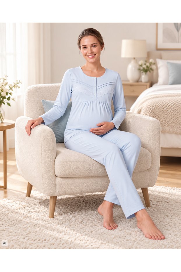 Maternity Viscose Pajama Set Long Sleeve Lace Detailed Breastfeeding Compatible 25-18