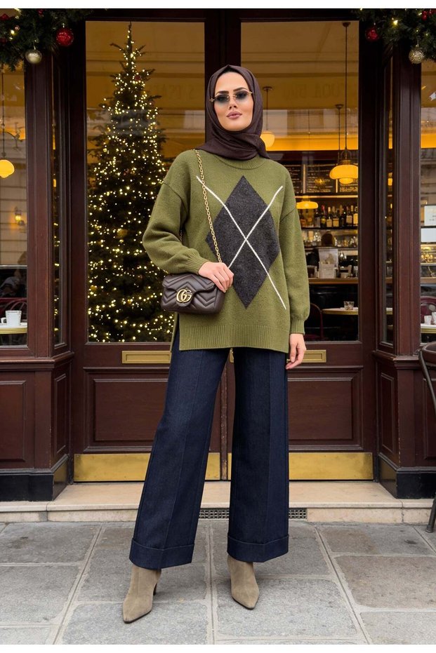 Baklava Patterned Knitwear Soft Sweater Khaki Green