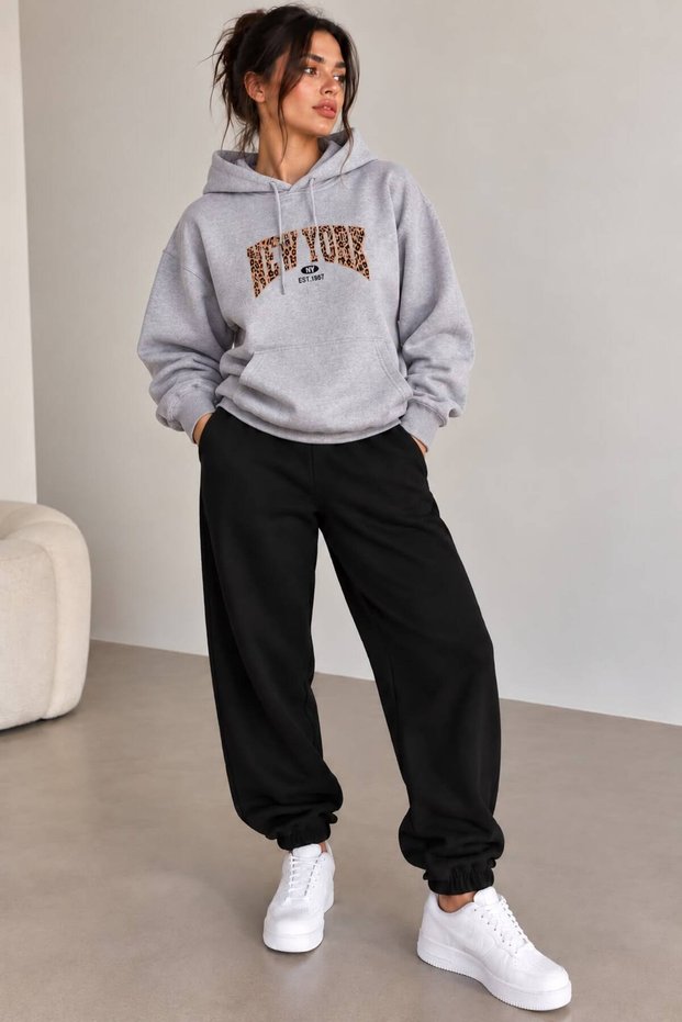Hooded Tracksuit 2-Piece Set with Ribbed Bottom and Top Combination Leopard Print New York