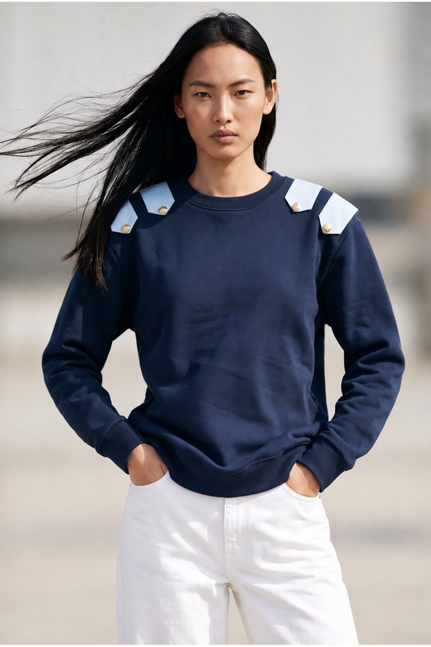 Women's Navy Blue Epaulet Button Detailed Oversize Sweatshirt